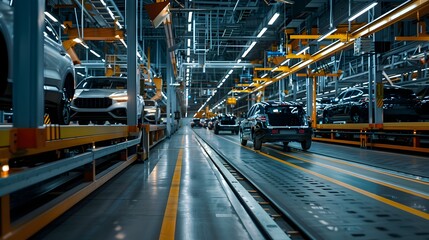 Naklejka premium Mass production assembly line of modern cars in a busy factory