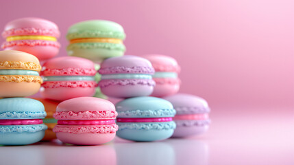 Obraz premium A vibrant array of macarons in various flavors and colors, arranged in a pyramid shape. Each macaron is delicately decorated with a piped frosting design. The background is a soft pastel pink