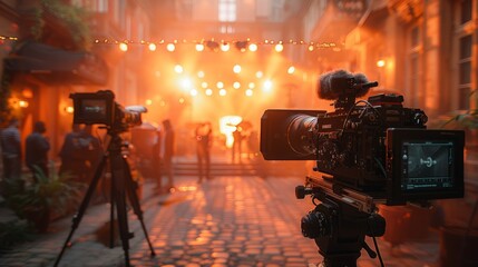 A film camera on a tripod captures a concert in a dimly lit alley. Focused on a brightly lit stage, the camera is positioned at the back with a blurred crowd in front.