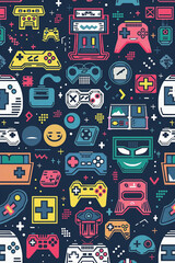 A colorful and abstract design of video game controllers