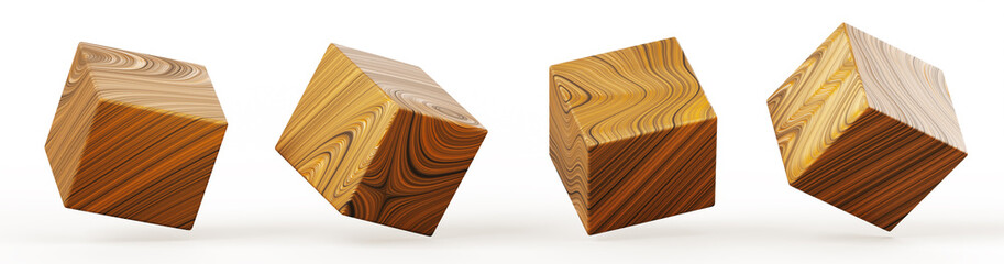 Wooden cube block in different angles 3d render icon set. Natural square boxes with wood texture, blank game dice or education cubic toy, design element isolated on white background. 3D illustration