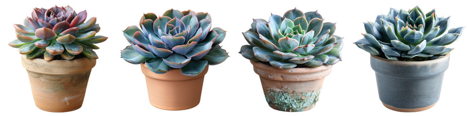 A collection of four colorful succulent plants in various clay pots, arranged in a row, isolated on a white background.