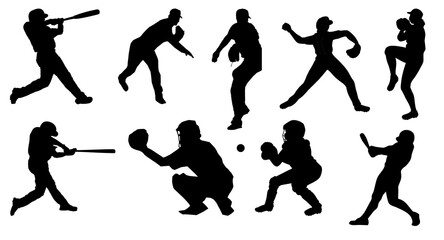 set of baseball pose silhoutte