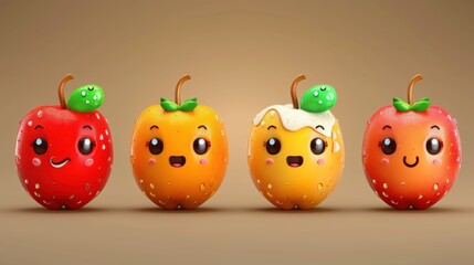 An arrangement of cute apple and orange characters on a neutral background