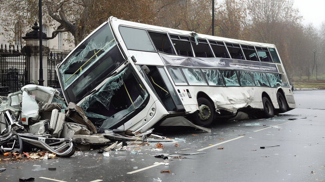 Double decker bus lying on its side after traffic accident