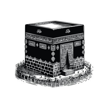 hand drawn Illustration of Kaaba. engraving black and white Kaaba vector illustration isolated on white background, famous landmarks drawing