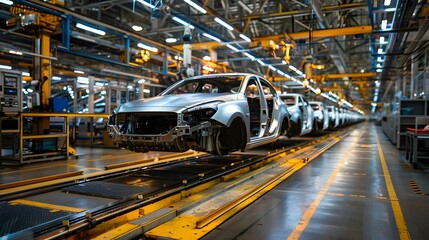 Fototapeta premium Mass production assembly line of modern cars in a busy factory
