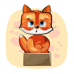Little fox in cardboard box. Animal isolated on white background. Sticker. Fun cartoon style. Vector