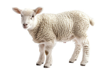 Side view of a Sheep looking at camera against white background