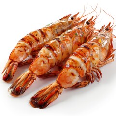 Illustrative image of grilled prawns served on a white background.