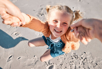 Man, girl and happy at beach for swing, holiday and fun with playing game, bonding and excited...