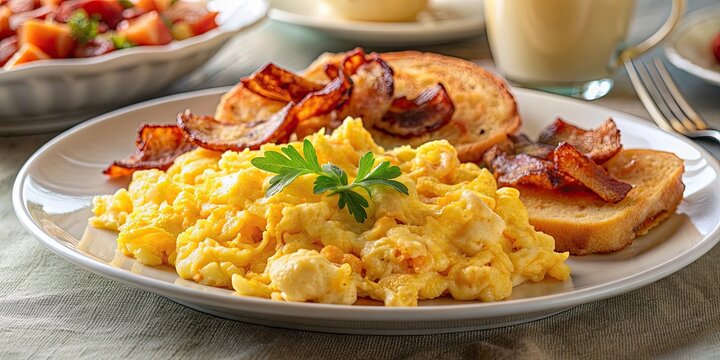 A delicious American breakfast featuring fluffy scrambled eggs, crispy bacon, and golden hash browns