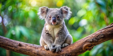 Fototapeta premium Adorable koala bear cub sitting on a tree branch , Australian wildlife, cute, furry, eucalyptus, tree, baby animal, marsupial