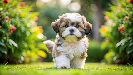 Adorable shih tzu puppy with fluffy coat playing in the garden, shih tzu, puppy, cute, fluffy, small breed, pet, domestic animal