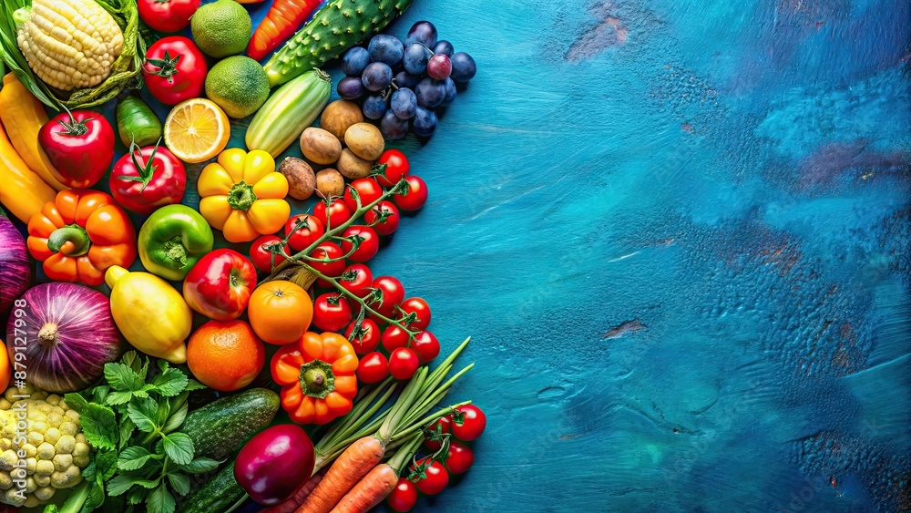 Poster Assorted colorful fruits and vegetables on a vibrant blue background, healthy, fresh, organic, produce, nutrition, vibrant