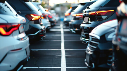cars parked in the parking lot, used car for rental services or cars sale business background 