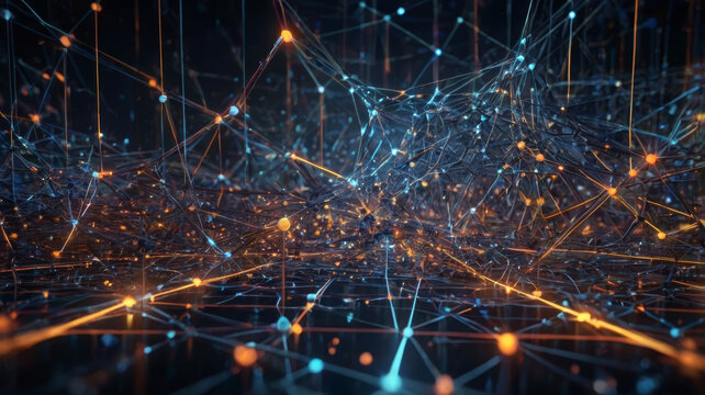 A neural network mesh with glowing nodes and connections symbolize the complexity of artificial intelligence and neural network processing. - Powered by Adobe