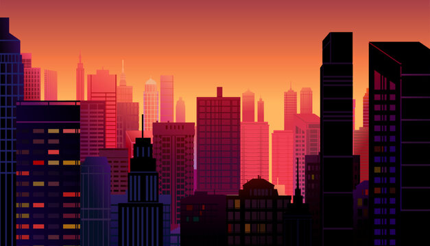 Night city. Sunrise or sunset. Modern cityscape. View of buildings and skyscrapers. Urban environment. Image vector