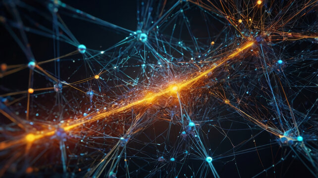 A neural network mesh with glowing nodes and connections symbolize the complexity of artificial intelligence and neural network processing.