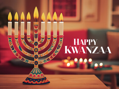 Happy Kwanzaa Colorful Kinara with Lit Candles Illuminating a Festive Home