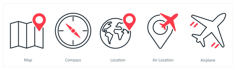 A set of 5 Summer and Travel icons as map, compass, location