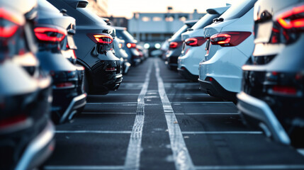 cars parked in the parking lot, used car for rental services or cars sale business background 