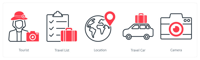 A set of 5 Summer and Travel icons as tourist, travel list, location