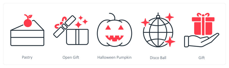 A set of 5 Party and Celebration icons as pastry, open gift, halloween pumpkin