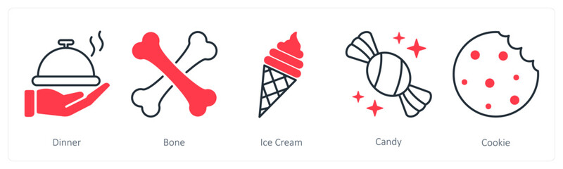 A set of 5 Party and Celebration icons as dinner, bone, ice cream