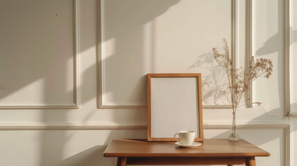 Cozy Scandinavian living room with a wooden poster and picture frame on the table. A cup of tea completes the scene against a white wall with elegant molding.