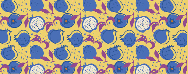 Abstract pomegranate pattern in flat style. Fresh, delicious fruit seamless pattern. Vector background. Summer freshness for health. For background, juice, ice cream or rosh hashanah.