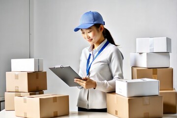 Asian Female Courier Sorting Packages
