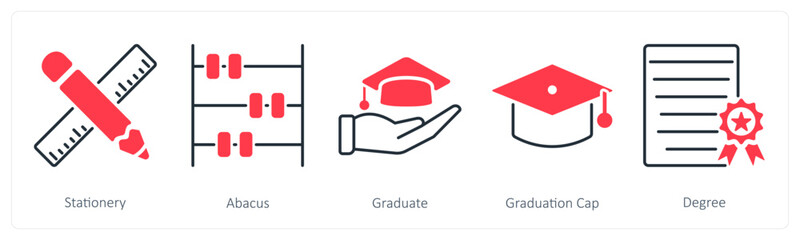 A set of 5 School and Education icons as stationery, abacus, graduate