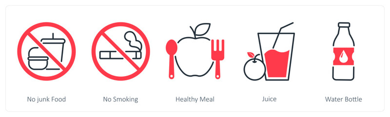 A set of 5 Sports and Fitness icons as no junk food, no smoking, healthy meal