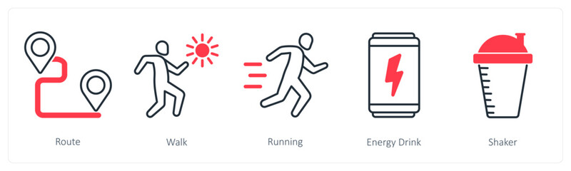 A set of 5 Sports and Fitness icons as route, walk, running