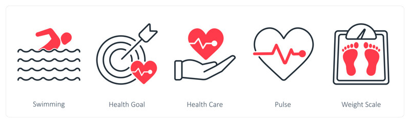 A set of 5 Sports and Fitness icons as swimming, health goal, health care