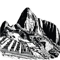 hand drawn Illustration of Machu Picchu. engraving black and white Machu Picchu vector illustration isolated on white background, famous landmarks drawing