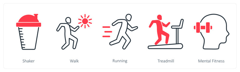A set of 5 Sports and Fitness icons as shaker, walk, running