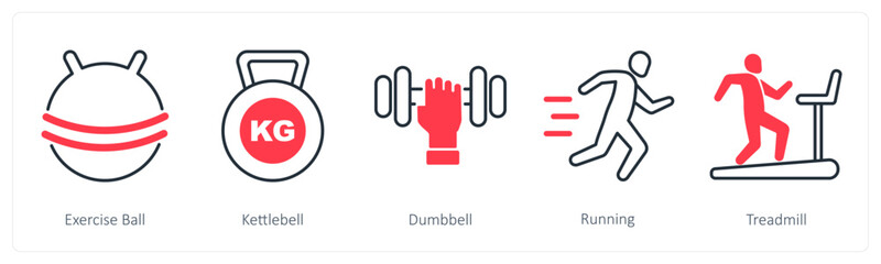 A set of 5 Sports and Fitness icons as exercise ball, kettlebell, dumbell