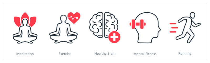 A set of 5 Sports and Fitness icons as meditation, exercise, healthy brain