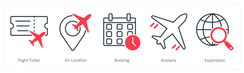 A set of 5 Summer and Travel icons as flight ticket, air location, booking