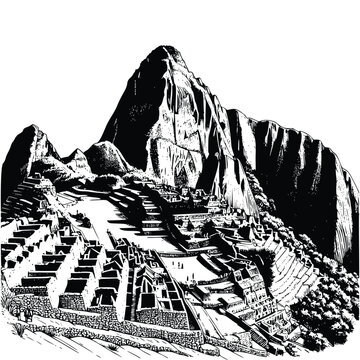 hand drawn Illustration of Machu Picchu. engraving black and white Machu Picchu vector illustration isolated on white background, famous landmarks drawing
