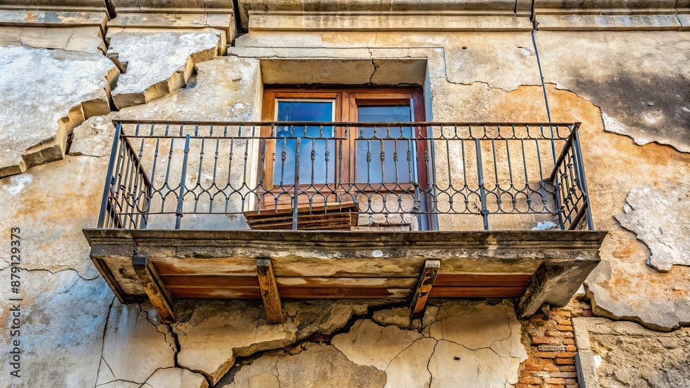 Sticker Bottom view of damaged balcony with cracked concrete on old house, in need of repair , balcony, damaged, cracks