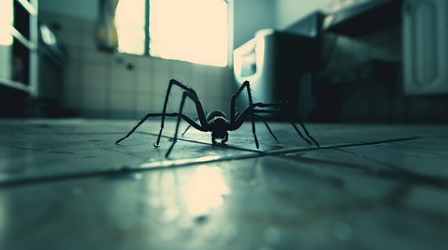 A home spider on a slick cooking floor seen from the bottom of a house