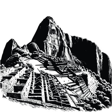 hand drawn Illustration of Machu Picchu. engraving black and white Machu Picchu vector illustration isolated on white background, famous landmarks drawing