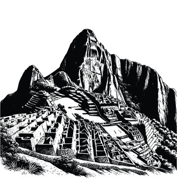 hand drawn Illustration of Machu Picchu. engraving black and white Machu Picchu vector illustration isolated on white background, famous landmarks drawing