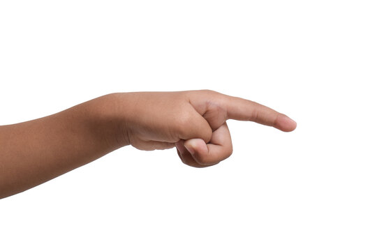 Child's hand pointing to the side isolated on white background. Copy space