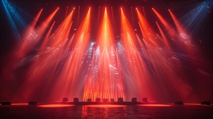 A concert stage bathed in red spotlight beams, ready for a performance.