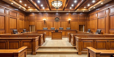 An empty wooden courtroom with benches , courtroom, wood, empty, legal, justice, trial, court, law, judge, attorney