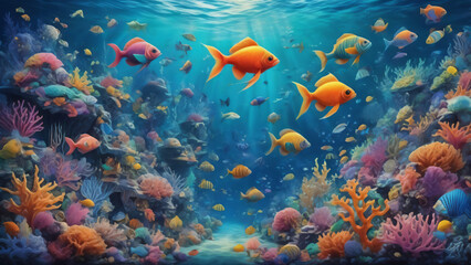 Fototapeta premium Ein schönes foto von Bunten Fischen unter dem Wasser im Meer neben Korallen. KI Generated